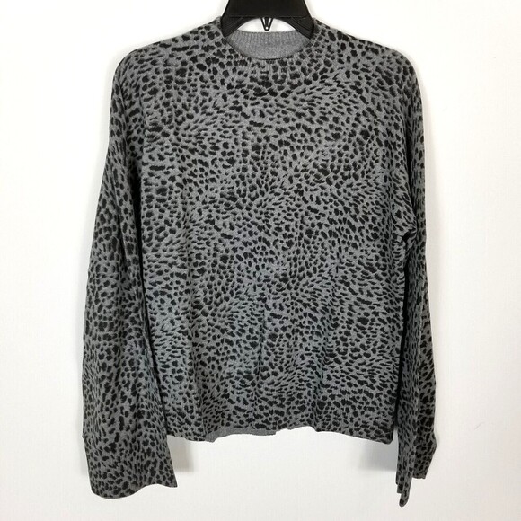 Monrow Women Gray Leopard Print Cotton Cashmere Mock Neck Sweater M - Picture 2 of 5